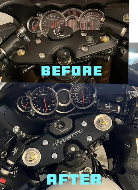 Before and after installation of CNC Machined Aluminum Lowering Triple Tree Front End Upper Top Clamp For Hayabusa GSXR1300 1999-2020 Red Finish