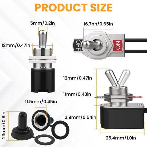 4 Pack Beefy Heavy Duty SPST Toggle Switch Kit With 5.1 Inch Cable dimensions and components detailed view