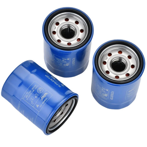 Three blue oil filters from All In One Oil Filter And Drain Plug Gasket Kit For Honda And Acura Cars For Your Ride. Six Piece Set.