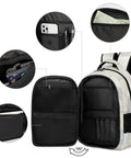 Detailed view of Neutral Marble Hexagon Tile Texture Printed Unisex Backpack with pockets open for school, travel, and work use