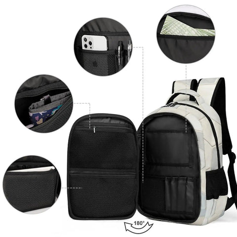 Detailed view of Neutral Marble Hexagon Tile Texture Printed Unisex Backpack with pockets open for school, travel, and work use