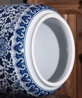 Heavy Duty Ceramic Grain Storage Jar With Lock Tight Seal Keeps Rice Flour Snacks And Coffee Beans Fresh While The Blue And White Chinoiserie Design hits different, close-up view.