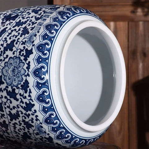 Heavy Duty Ceramic Grain Storage Jar With Lock Tight Seal Keeps Rice Flour Snacks And Coffee Beans Fresh While The Blue And White Chinoiserie Design hits different, close-up view.