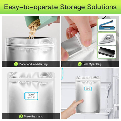 Complete 100 Pack Mylar Bags With 400cc Oxygen Absorbers For Long Term Food Storage In 1 Gallon 10x14 6x9 And 4x6 shown in use