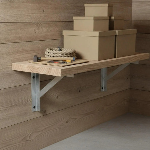 Beefy Heavy Duty Angled Shelf Bracket for Wood to Wood and Wood to Wall Framing, supporting a wooden shelf with items on top