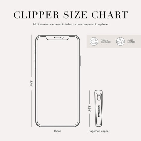 Stainless Steel Fingernail Clipper With Curved Blade For Precise Nail Trimming And Sharp Cutting Edges Durable Pro Grade Manicure Tool For Easy At Home Nail Care Everyday Use Anywhere, size chart shown beside phone