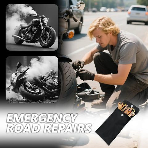 Ride Ready 8 Piece Motorcycle Tools Kit Set Portable Repair Gear with man fixing bike by roadside using repair kit tools.