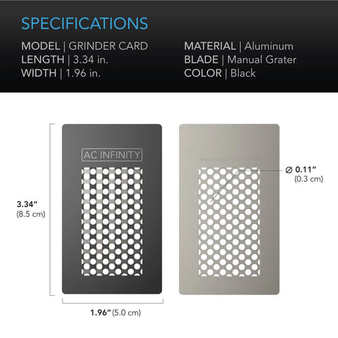 Grinder Card Manual Pepper And Spice Grater Tool In Black Aluminum For Fine Milling Of Pepper, Spices, Tea And Aromatics Ultra Thin Card Style Mill, dimensions and specifications shown.
