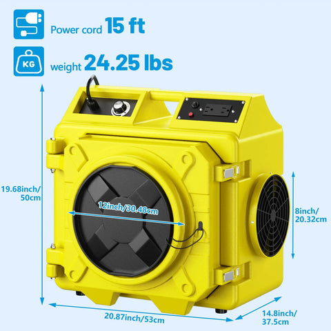 Serious Suction Power With 550 Cfm Hepa Filtration Three Stage Negative Air Machine dimensions and specifications.