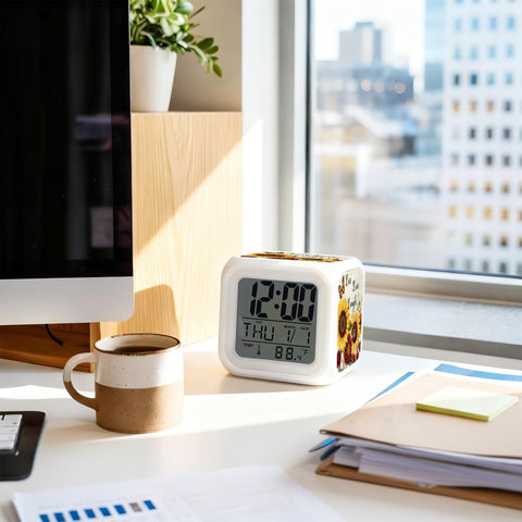 Total Game Changer Farmhouse Sunflower Butterfly Digital Cube Clock With Led Time Date Temp Readout Zero Ticking Silent Alarm nightlight on desk.