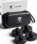 Tesla Model S X Y Jack Pad Set Four Pack Rubber Lift Pads with Storage Case shown with carbon fiber case and four black pads