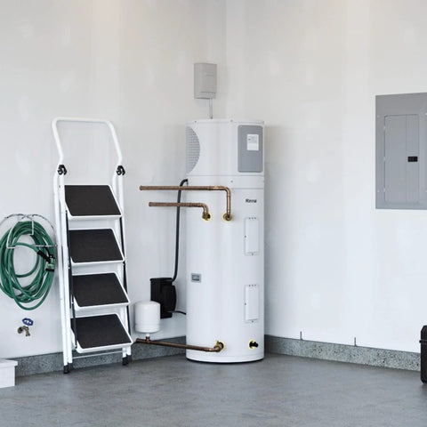 Heavy Duty 50 Gallon Heat Pump Water Heater With Energy Star Certification And Zero Emission Tech For Wallet Friendly Savings Featuring 73 Gallon First Hour Flow And Hustle Free Electric Power in a garage setting.
