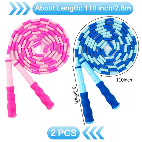 Adjustable Jump Rope For Kids And Teens, Tangle Free Beaded Skipping Rope, 100-110 Inch Length, in Blue and Pink with segmented beads