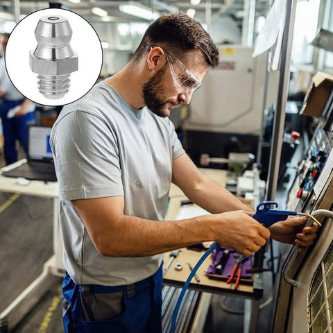 Worker using hydraulic gear next to image of Six Pack Stainless Steel M6 X 1mm Straight Grease Fittings Zerk Nipples For Machinery