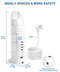 Eight Widely Spaced AC Outlets Surge Protector Power Strip For Home Office With Four USB Ports And Two USB C Ports Six Foot Extension Cord Fast Charging Overload Protection And Real Time Voltage Display, white vertical design with 6.5ft cord.