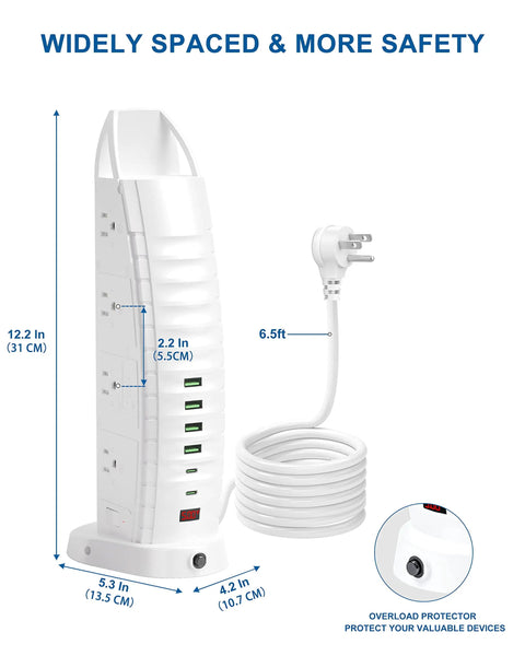 Eight Widely Spaced AC Outlets Surge Protector Power Strip For Home Office With Four USB Ports And Two USB C Ports Six Foot Extension Cord Fast Charging Overload Protection And Real Time Voltage Display, white vertical design with 6.5ft cord.