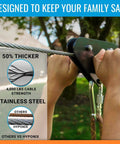 Backyard Zip Line Kit For Kids And Adults With 100 120 150 200 Ft Lengths, close-up of stainless steel cable and hands on trolley