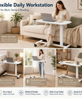 Smooth Operator Mobile Rolling Desk With Lockable Casters And Pneumatic Height Adjustment From Twenty Eight To Forty One Inches Perfect Overbed Bedside Table For Chill Laptop Setups In Bright White beside a sofa with a laptop and coffee.