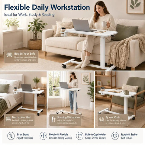 Smooth Operator Mobile Rolling Desk With Lockable Casters And Pneumatic Height Adjustment From Twenty Eight To Forty One Inches Perfect Overbed Bedside Table For Chill Laptop Setups In Bright White beside a sofa with a laptop and coffee.