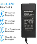 Universal 42V 2A Electric Scooter Charger With 71W Max Output featuring security protection icons and charger details