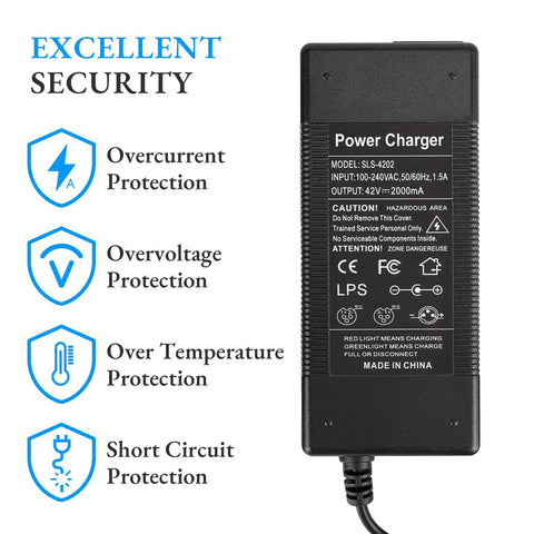 Universal 42V 2A Electric Scooter Charger With 71W Max Output featuring security protection icons and charger details