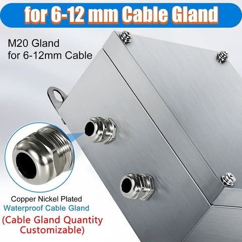 Close-up of cable gland on Weatherproof Junction Box For Wall Mount Tough As Nails Built To Last Heavy Duty 304 Stainless Steel Enclosure