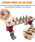 Heavy Duty Copper Ground Bus Bar Kit 7.88 Inch By 2.36 Inch By 0.157 Inch with adjustable terminal bolts, includes brackets and insulators.