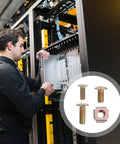 Person installing server rack using 120 Piece Cage Nuts And M5 Lock Nuts Kit Carbon Steel Square Hole Nuts With Screws.