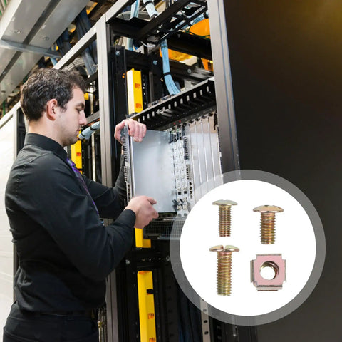 Person installing server rack using 120 Piece Cage Nuts And M5 Lock Nuts Kit Carbon Steel Square Hole Nuts With Screws.