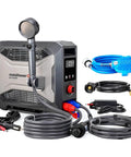 Front view of InstaShower GO Pro Portable Propane Hot Shower System With 22000 BTU Instant Water Heater 5000mAh Built In Battery 12V Pump