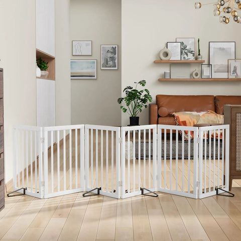 Extra Wide Wooden Dog Gate For Doorways 110 Inches Freestanding With 4 Support Stands, Foldable Indoor Pet Gate in living room