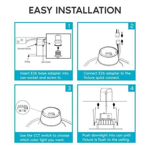 Installation guide for Five To Six Inch LED Square Recessed Downlight Kit, Dope Fourteen Watt Equivalent To Ninety Watt, showing steps 1-4.