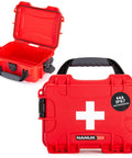 NANUK 903 red waterproof first aid case; closed front view with white cross and IP67 sticker, open interior shown.