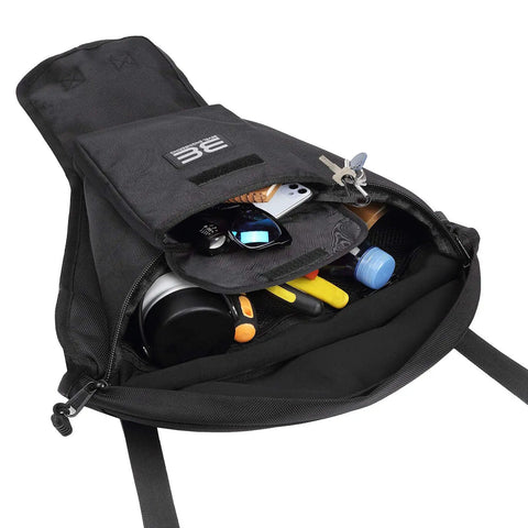 Rugged Storage Bag For UTV Cab Center Seat With Felt Lined Pockets And Key Lanyard, displaying open pockets and accessories inside.