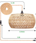 Real Deal Plug In Pendant Light Featuring Woven Rattan Shade And Hassle Free On Off Switch dimensions and cord details.