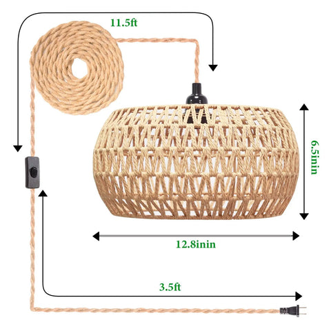 Real Deal Plug In Pendant Light Featuring Woven Rattan Shade And Hassle Free On Off Switch dimensions and cord details.