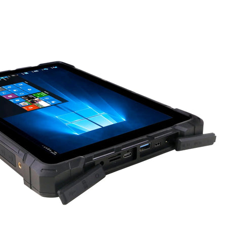 Built Tough Rugged Industrial Tablet Eating Up Daily Grind On Windows 11 Pro showing ports and screen details from a side angle.