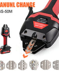 Heavy Duty Wireless Crimping Tool Kit With Seven Quick Swap Dies featuring crimping head and quick-change dies.