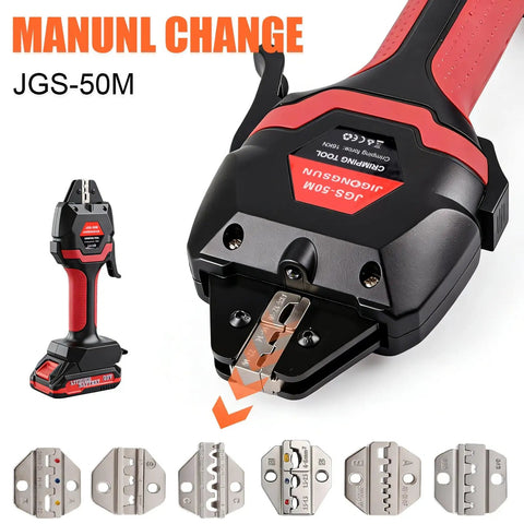Heavy Duty Wireless Crimping Tool Kit With Seven Quick Swap Dies featuring crimping head and quick-change dies.