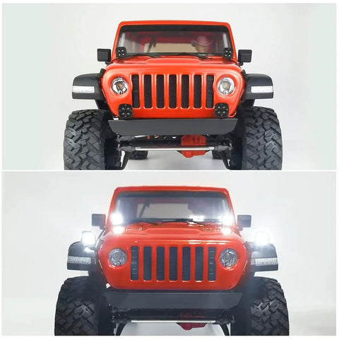 Frontal view of RC car with Lit LED RC Light Strips Kit For Axial SCX10 90027 TRX4 TRX6 D90 Wraith RR10 1/10 RC Crawler Cars illuminated.