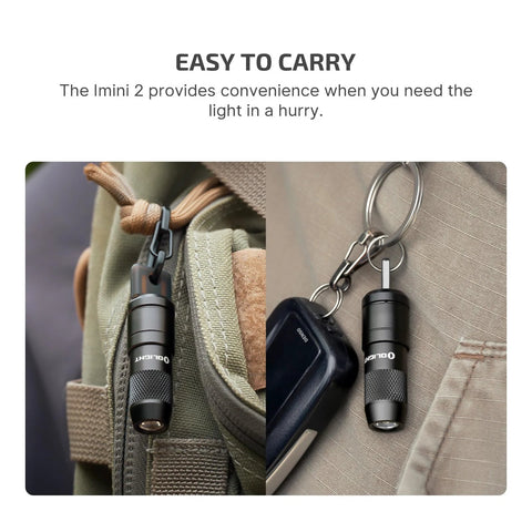 Imini 2 EDC Rechargeable Keychain Flashlight with 50 Lumens Output attached to backpack and keyring, showcasing everyday carry convenience.