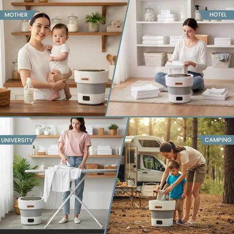 No Sweat Compact Portable Washer With 15L Spin Basket Designed For Underwear Socks And Delicate Clothes Easy Pack Away Design used in mother, hotel, university, and camping settings.