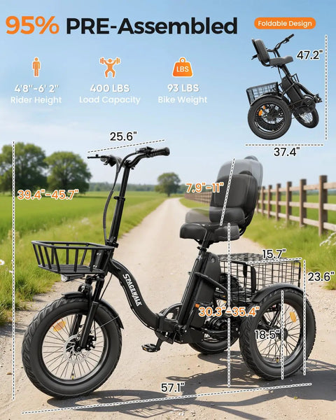 Adult E Trike With 1200W Peak Motor 18 MPH 3 Riding Modes And 748.8Wh Removable Battery For Smooth Acceleration Easy Hill Climbing And Daily Errands For Commuting Trails And Weekend Fun And City Cruising, black foldable trike with rear basket
