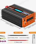 Heavy Duty 2500 Watt Pure Sine Wave Power Inverter 12V DC To 110V 120V AC Converter dimensions and features shown in image.