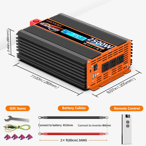 Heavy Duty 2500 Watt Pure Sine Wave Power Inverter 12V DC To 110V 120V AC Converter dimensions and features shown in image.