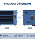50,000 BTU Hydronic Hanging Unit Heater With Galvanized Steel Housing And Aluminum Tube Heat Exchanger For Fast Efficient Heating In Garages, Workshops And Warehouses HydroX H50, front and side view with dimensions