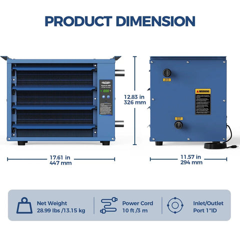 50,000 BTU Hydronic Hanging Unit Heater With Galvanized Steel Housing And Aluminum Tube Heat Exchanger For Fast Efficient Heating In Garages, Workshops And Warehouses HydroX H50, front and side view with dimensions