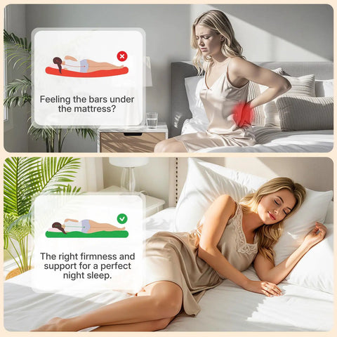 Built Different Queen Size Bunkie Board Rock Solid Eight Millimeter Wooden Mattress Foundation shown with sleeping woman.
