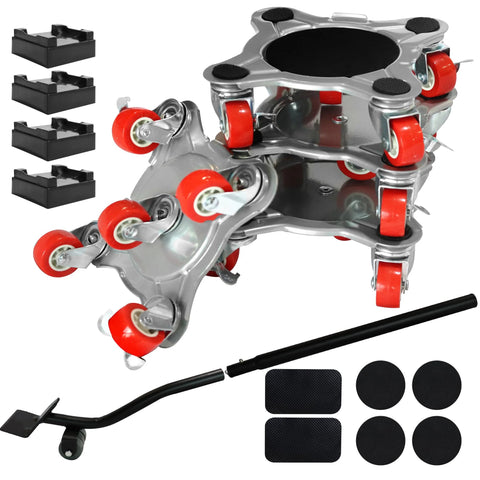 Heavy Duty Five Wheel Furniture Mover Dolly with 360 Degree Rotating Cardan Wheels and Brakes, Supports 2200 Pounds, shown with accessories