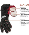 Women’s Welding Gloves For Stick MIG And Flux Core Welds Pro Grade Heat Resistant Leather With Soft Cotton Liner Sized For Small Hands Black And Red Durable Hand Protection showing features of moisture absorbent cuff, heat resistant cotton liner, and leather exterior.